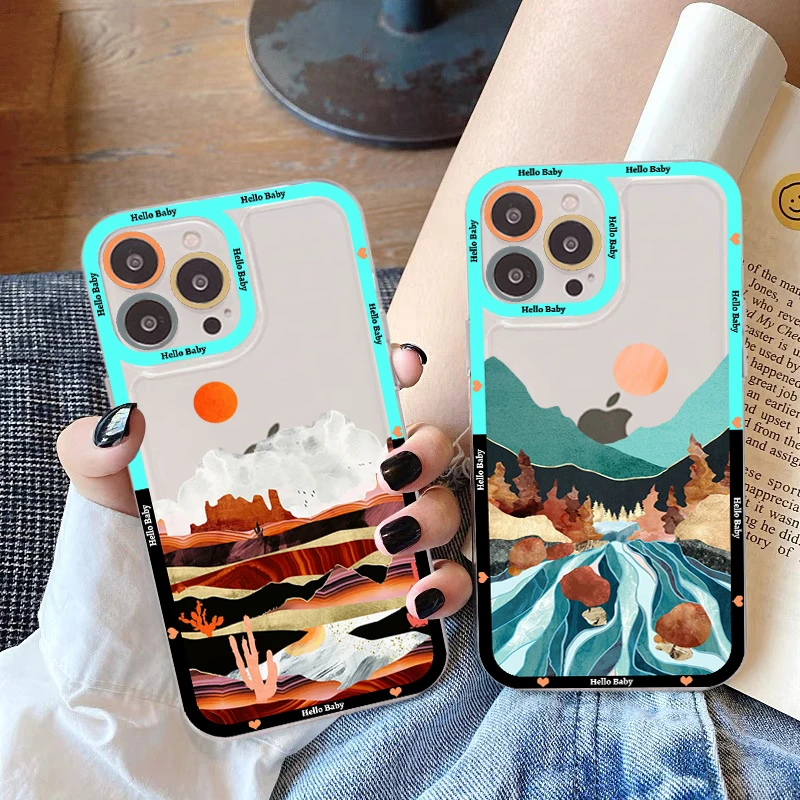 Aesthetic Art Hand Painted Mountain Scenery Phone Case For iPhone 11 12 13 14 Mini Pro Max XR X XS Case For 8 7 6 Plus SE 2020