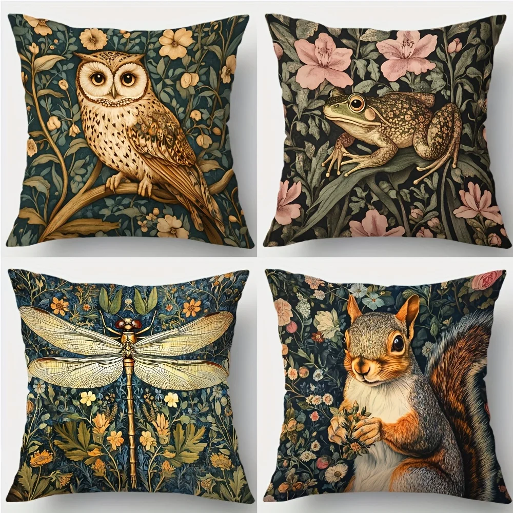 Vintage Woodland Animal Throw Pillow Covers, Owl Frog Dragonfly Squirrel Floral Print Cushion Cases, William Morris Style Decor
