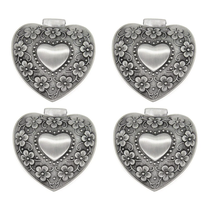 4X Classic Vintage Antique Heart Shape Jewelry Box Ring Small Trinket Storage Organizer Chest Christmas Gift,Silver