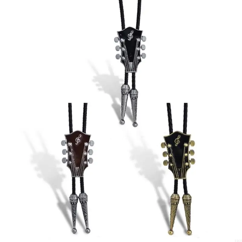 D5QB Gaitar Bolo Tie Gaitar Music Necklace Moranse Bolo Tie Cowboy Leathers Necktie Sweater Chain Necklace Western Bolo Tie