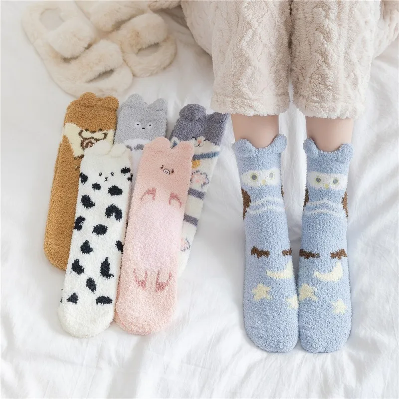 Autumn Winter Ladies Coral Velvet Cartoon Stereo Ears At Home Thickened Medium Tube Socks Sleep Socks 1 Pair EU 36-42 US 4-9