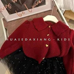 Maglione Cardigan lavorato a maglia corea abbigliamento per bambini autunno dolce colletto per bambole ragazze colletto rovesciato 2024 a righe