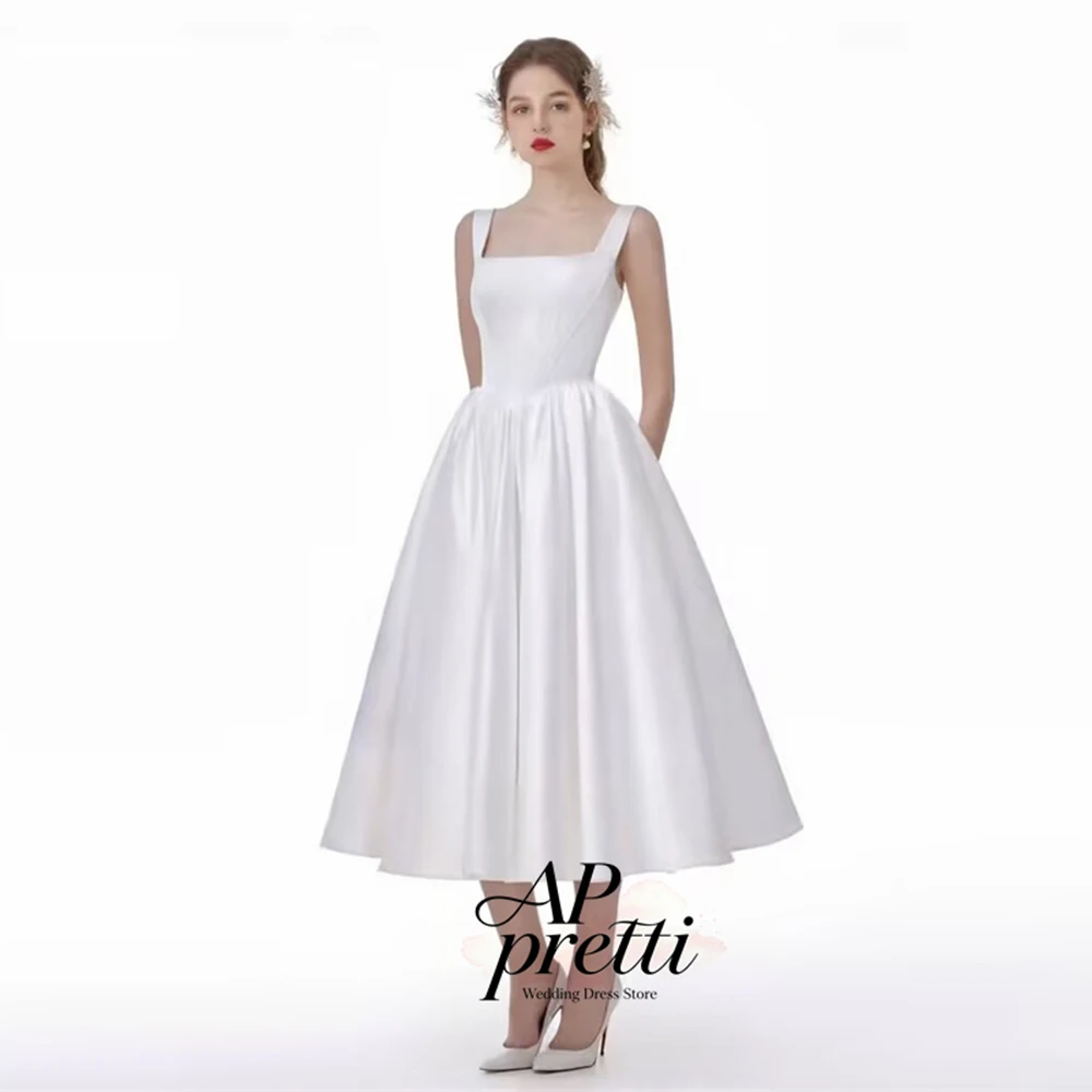 AP pretti Lovely Soft Satin Wedding Dress Square Neck Customized Sleeveless Tea-Length A-line Bridal Gown Vestidos De Novia