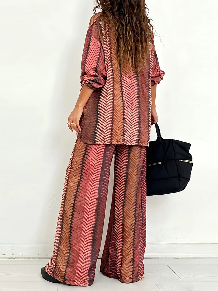 New Chic V Neck Long Sleeve Printing Holiday Button Cardigan Top With Wide Leg Pants - Spring Summer Two Piece Ladies Outfit Set view 6