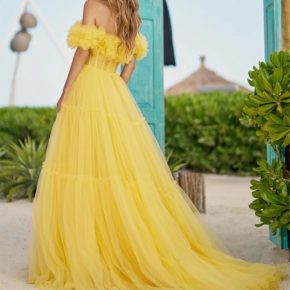 Robe de Soirée en Tulle Sans Bretelles à la Mode, Plis de Traîne, Longueur au Sol à Plusieurs Niveaux, pour Document Photo