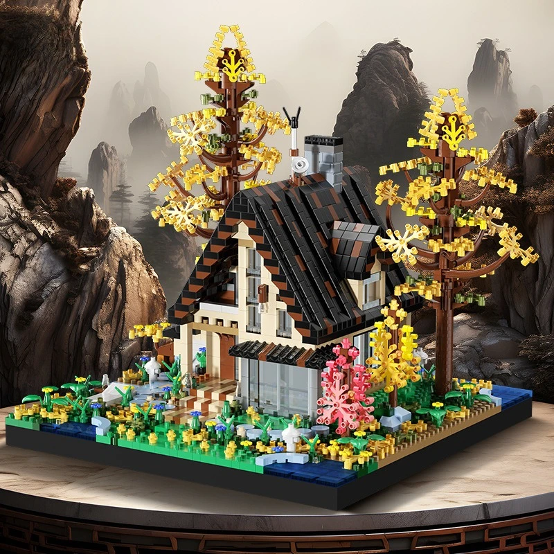 Casa de madera de cabaña, juguetes de bloques de construcción ensamblados, juguetes educativos para niños, adornos de boutique, regalos de vacaciones