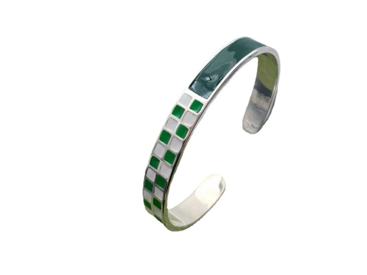 

New S925 Sterling Silver New Korean Green personalized checkerboard Bracelet girlfriends birthday gift Thai silver glue dropping