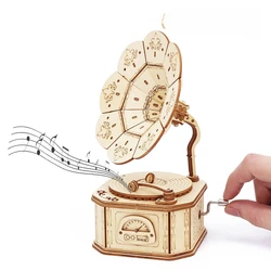 3D Wooden Gramophone Music Box Puzzles Kits for Teen Adults Construction Models Set Toys DIY Assembling Machnical Christmas Gift