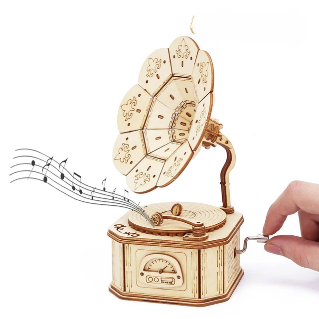 3D drewniany gramofon pozytywka zestawy puzzli dla nastolatków dorosłych zestaw modeli budowlanych zabawki DIY montaż mechaniczny prezent na boże narodzenie