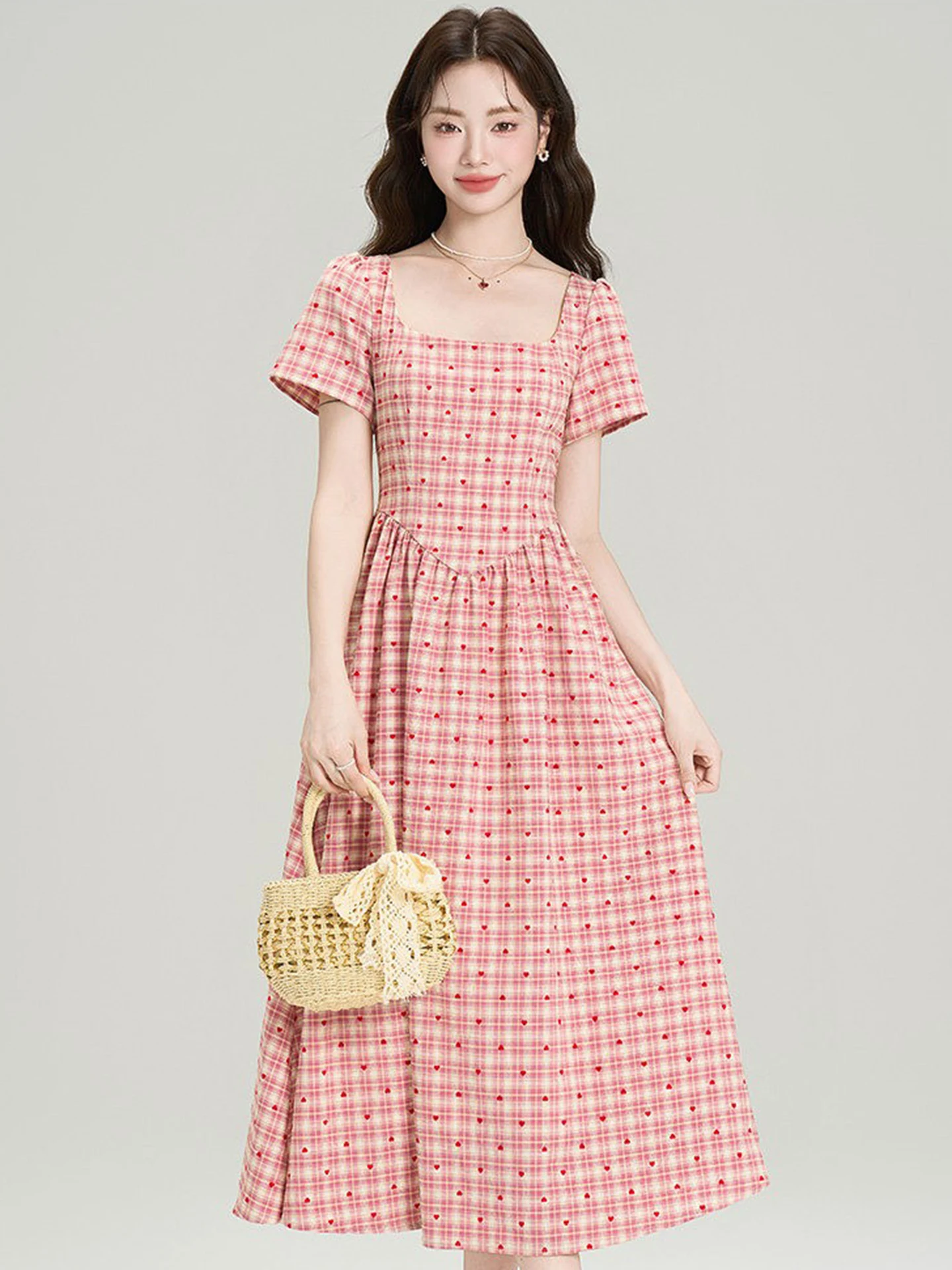 

Sweet Pink Plaid A-Line Dress Women's Summer New Gentle Square Collar Short Sleeve Waist Cinched Long Dress French Style High...
