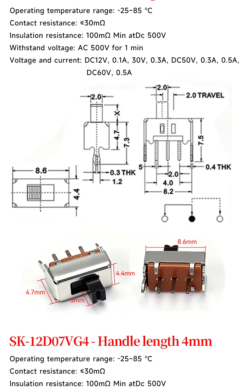 5 Stück Mini-SPDT-Schiebe-Kippschaltergriff 3/5mm MSS-22D018 SS-12D00 SK-22D07 MSK-12C02 SS-12F44 MSK23D19 - Elektronisches Bauteil – Detail 2