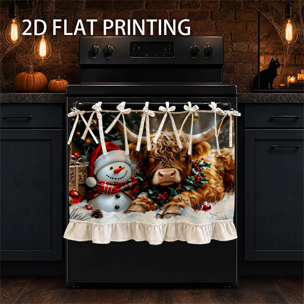 1PC kitchen stove curtain, cabinet curtain and apron. Featuring a 2D graphic design featuring highland cows, snowmen and Christm