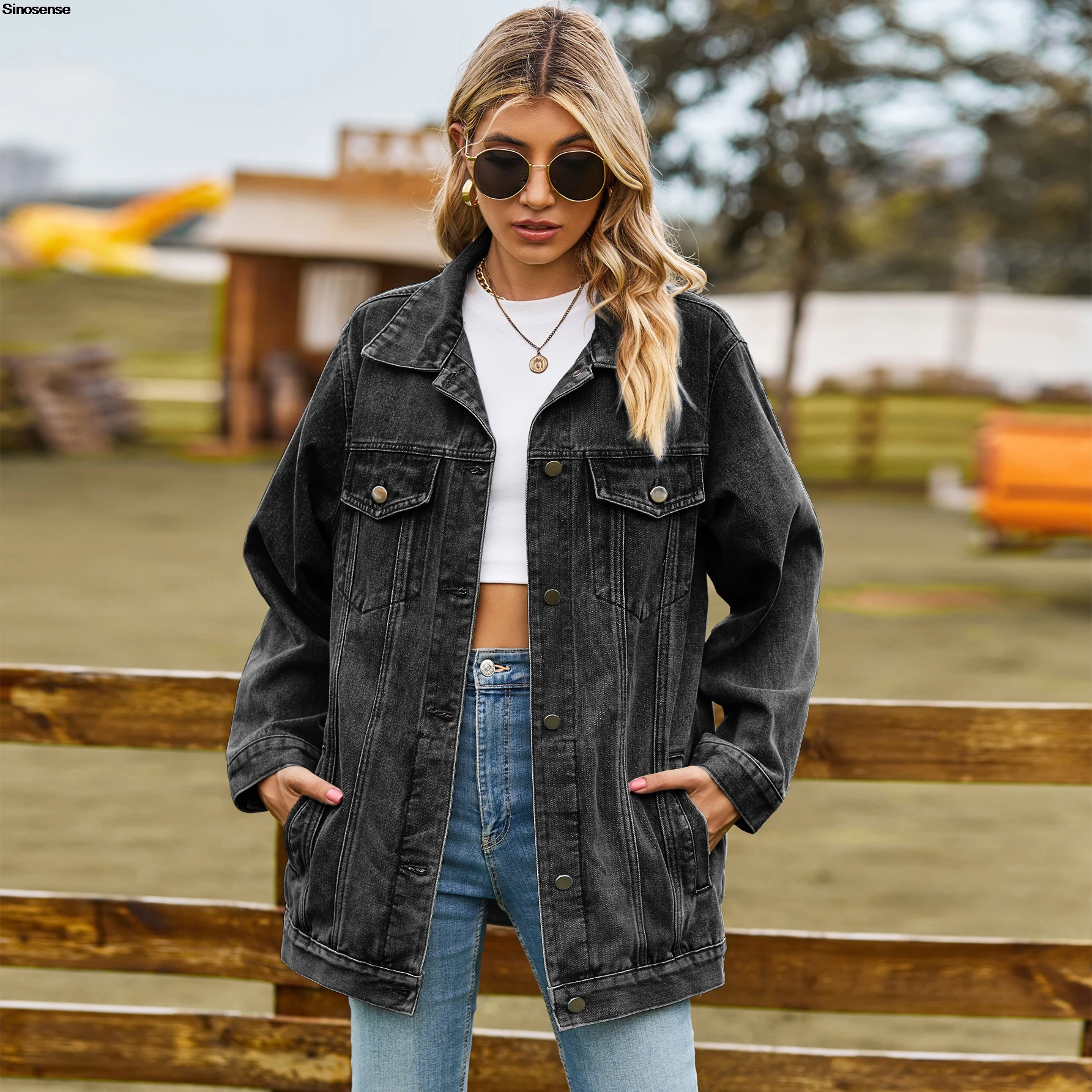 

Women's Oversized Mid Long Denim Jacket Classic Vintage Loose Jeans Trucker Jacket Casual Distressed Boyfriend Jean Biker Coat