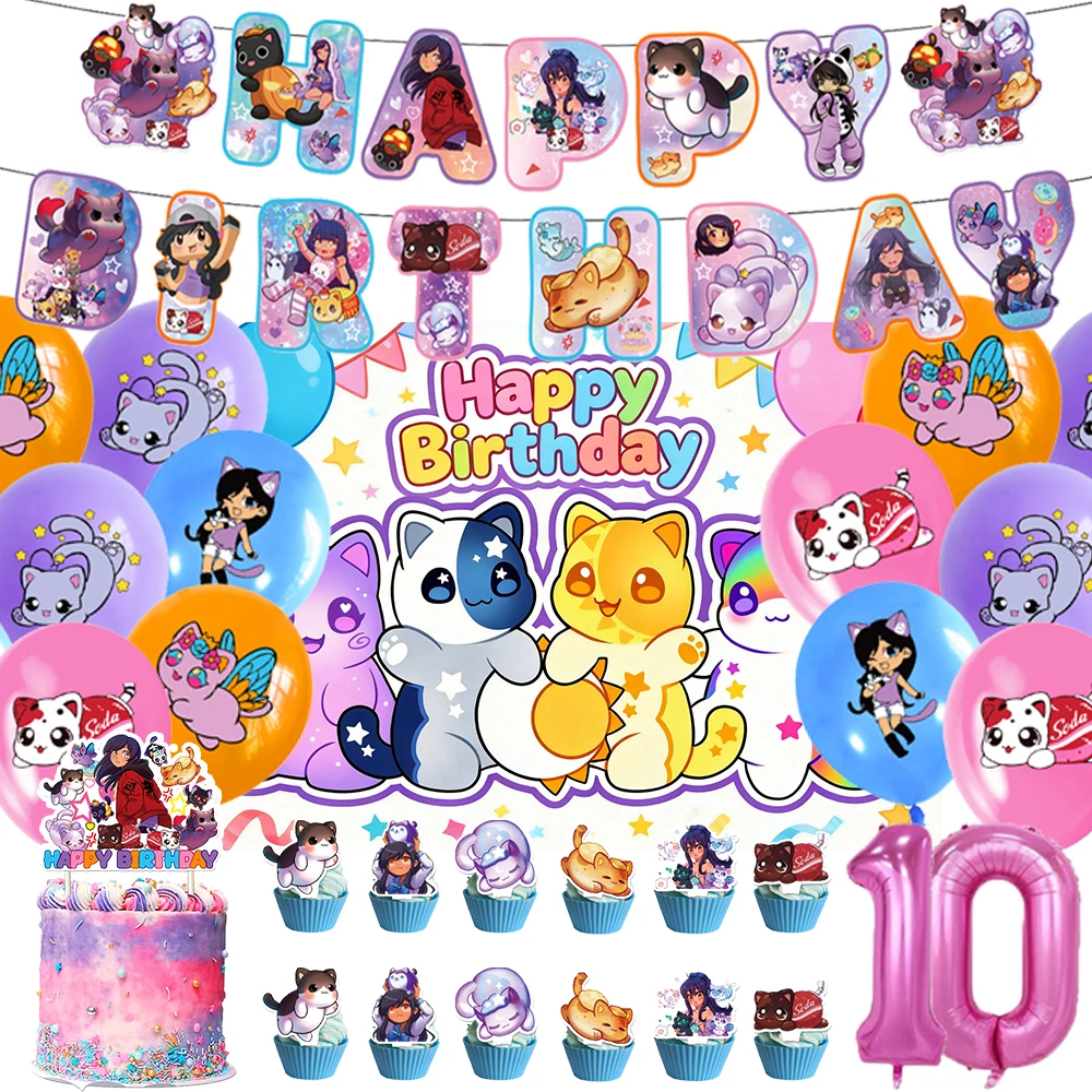 Cartoon Aphmau Meemeows Geburtstagsparty Dekorations-Set Banner Luftballons Kuchendekoration Hintergrund Cartoon-Kulisse Kindergeschenk