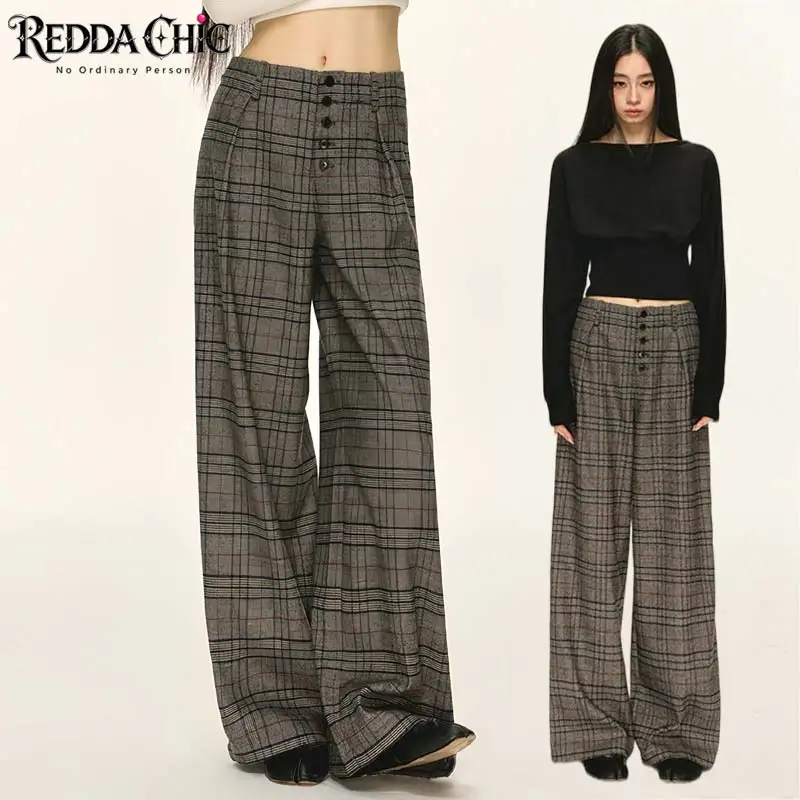 REDDACHiC Tartan Plaid Wide Leg Women Suit Trousers Simple Button Down High Rise Cleanfit Straight Lounge Pants Retro Costume