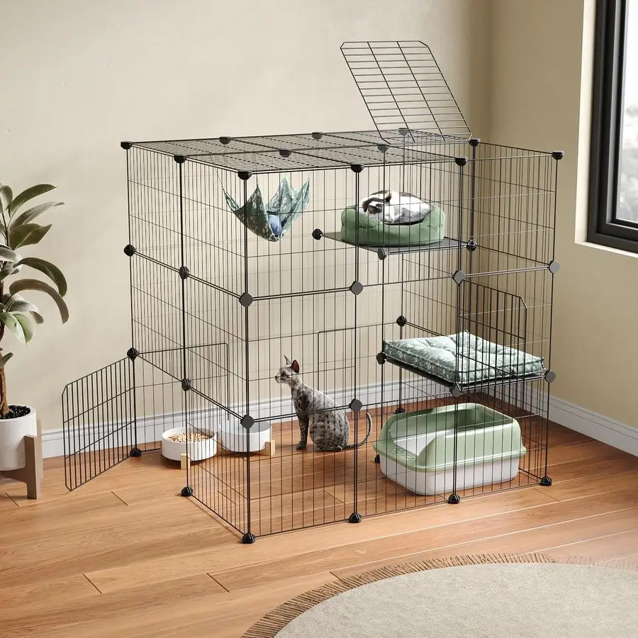 

3Tier Cat Cages Indoor Enclosure DIY Cat Playpen Catio Detachable Metal Wire Kennels Cats Crate Large Extra Exercise Place Ideal
