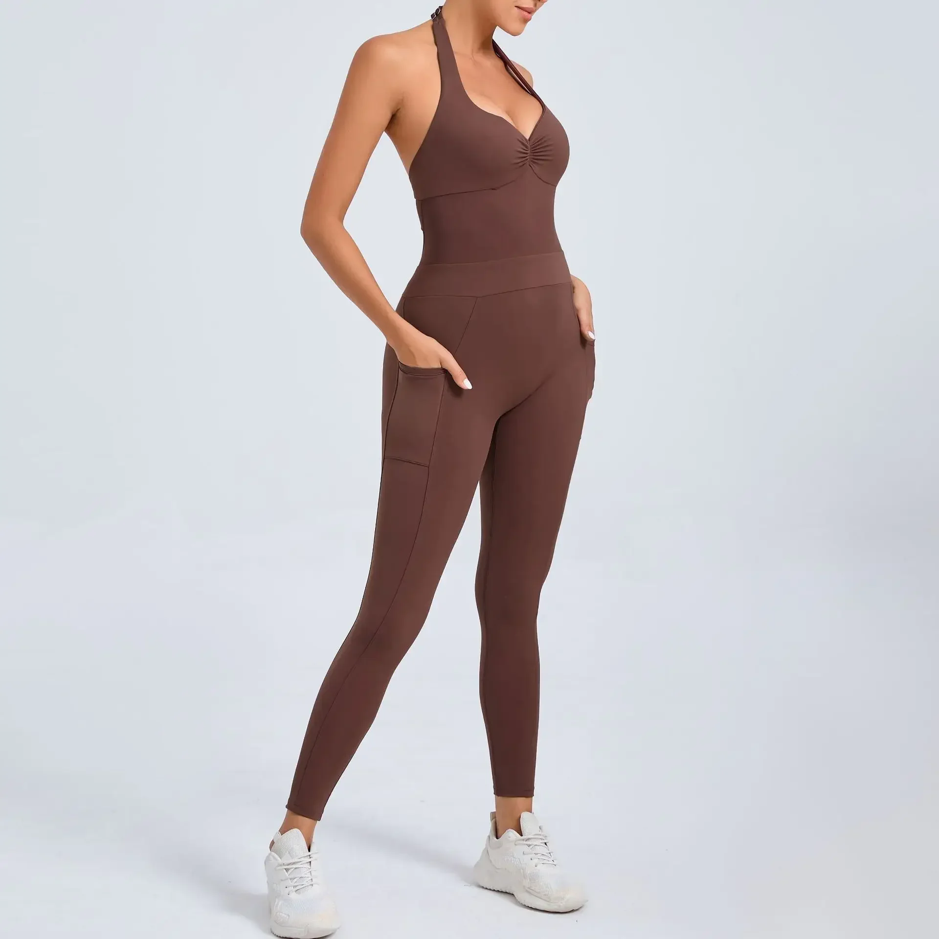 Seamless Yoga Jumpsuits Sports Fitness Halter Pockets Hip-lifting Dance Backless Tight Training Workout Gym Tracksuits for Women