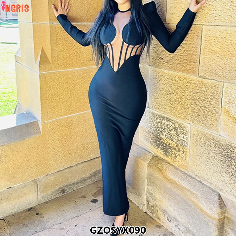 

Customized Ladies Party Dresses Womens Sexy Solid Color Mesh See-through Long Sleeve Simple Summer Knitted Dress-GZOSYX090