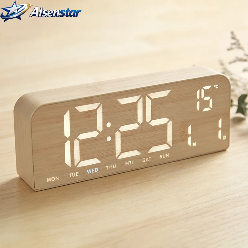 New Large Screen LED Alarm Clock Simple Wood Grain Creative Desk Clock Can Be Hung for Living Room Bedroom Home