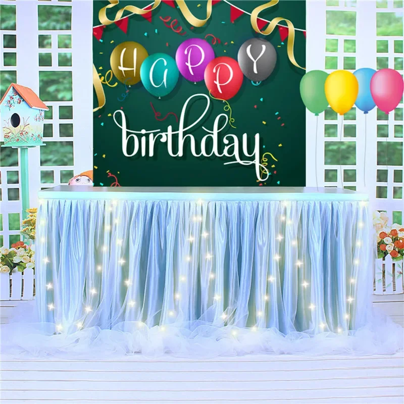 Pastel Tulle Table Skirt With Led Lights For Kids Pink Birthday Party Macaron Color Ruffled Tablecloth For Baby Shower Banquet