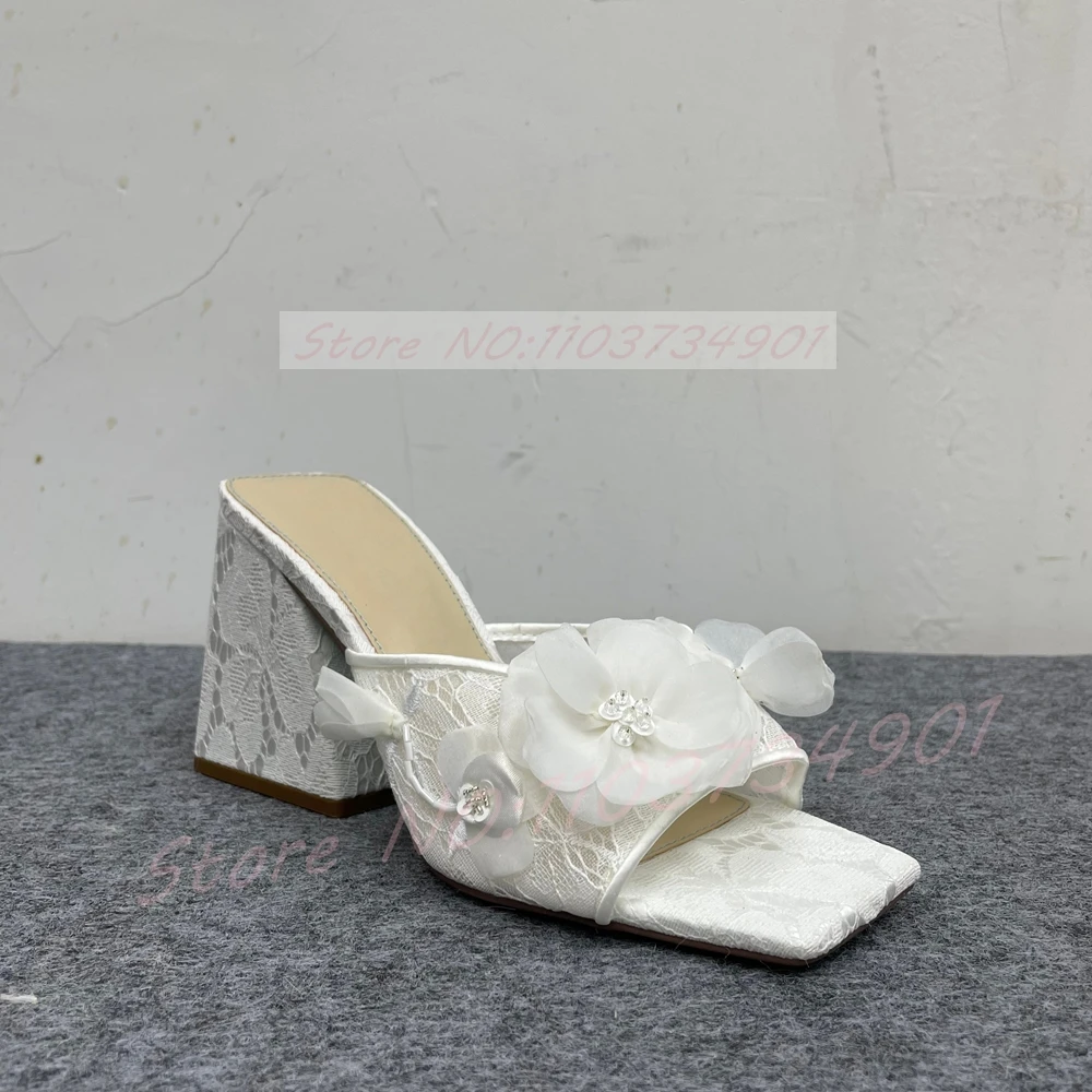 White Lace Block Heel Mules Women Satin Flower With Crystal Stamen Square Toe Heeled Mules Lady Wedding Party High Heels Sandals