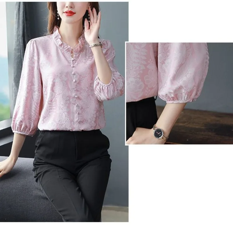 Women\'s Chiffon Ruffled Neck Printing Pullover Button Lantern Long Sleeve Patchwork Undershirt T-shirt Spring Summer Tops