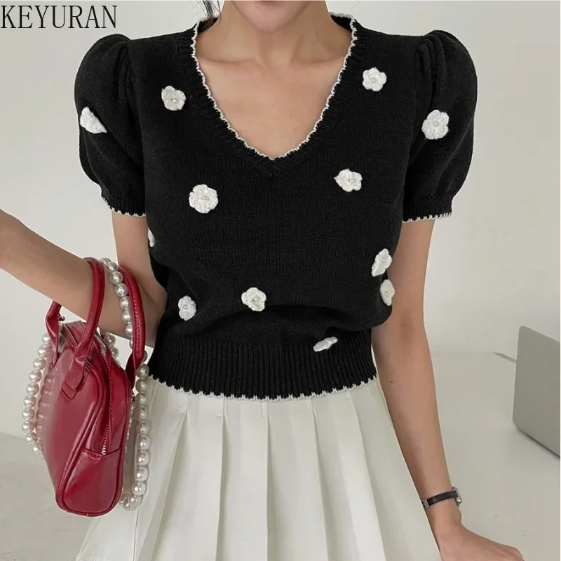 2024 Summer Korean Chic Flower Sweater Women Knit T Shirts Vintage Fashion Black White Bubble Short Sleeve Knitwear Tops Jumper