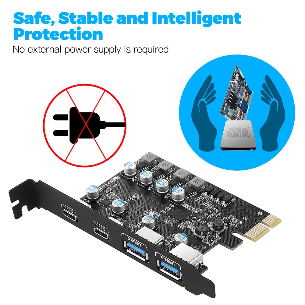 

Адаптер PCI Express, USB 3,0 PCIE-карта, 2 порта USB A + 2 порта USB C/USB3.2 GEN1 USB3.0 PCI-карта расширения для Windows/MacOS