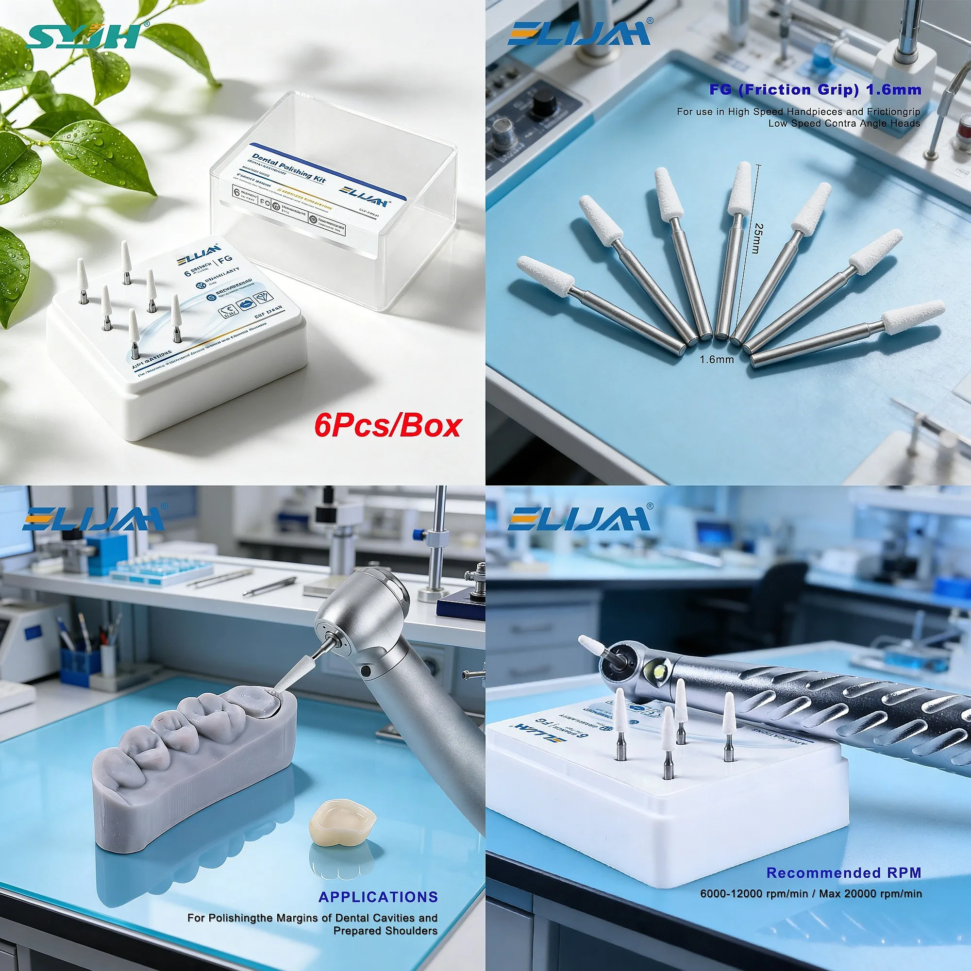 Dentals FG1.6mm White Stone Polishing Burs 6Pcs/Box For Composite Resins Finishing
