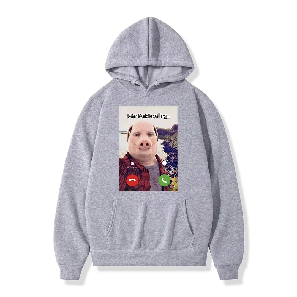 2026 John Pork Is Calling Answer Call Phone Hoodie Humor Funny Pig Meme Graphic Hoodies  Fashion Long Sleeve Pullover