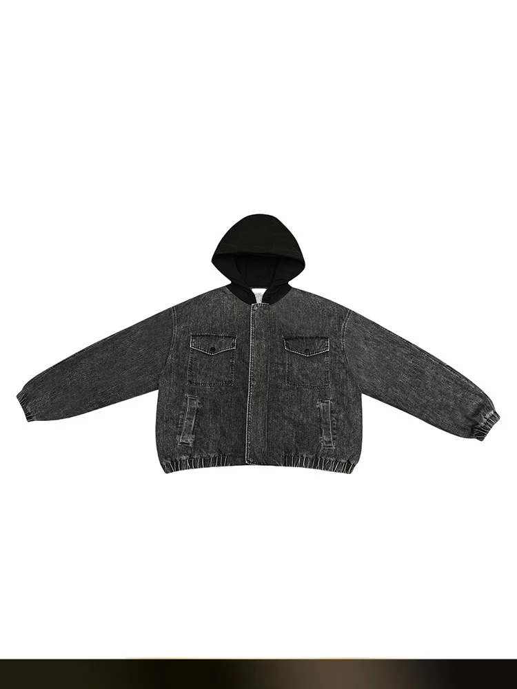 

Retro Color Blo Hooded Cotton Jaet Winter Warm Waed Denim Splicing Coat Youth Casual Sle Full Zipper Closure Long Length