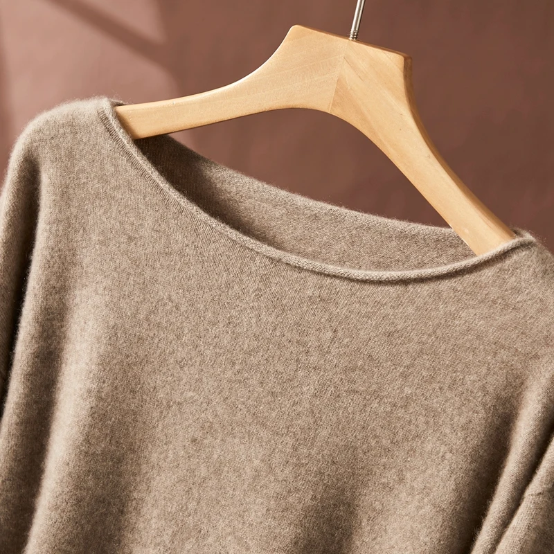 Autumn/Winter Women's 100% Pure Cashmere Pullover Casual Solid Knitted Sweater Loose Curled Edge One Word Neck Tops Warm Jumper