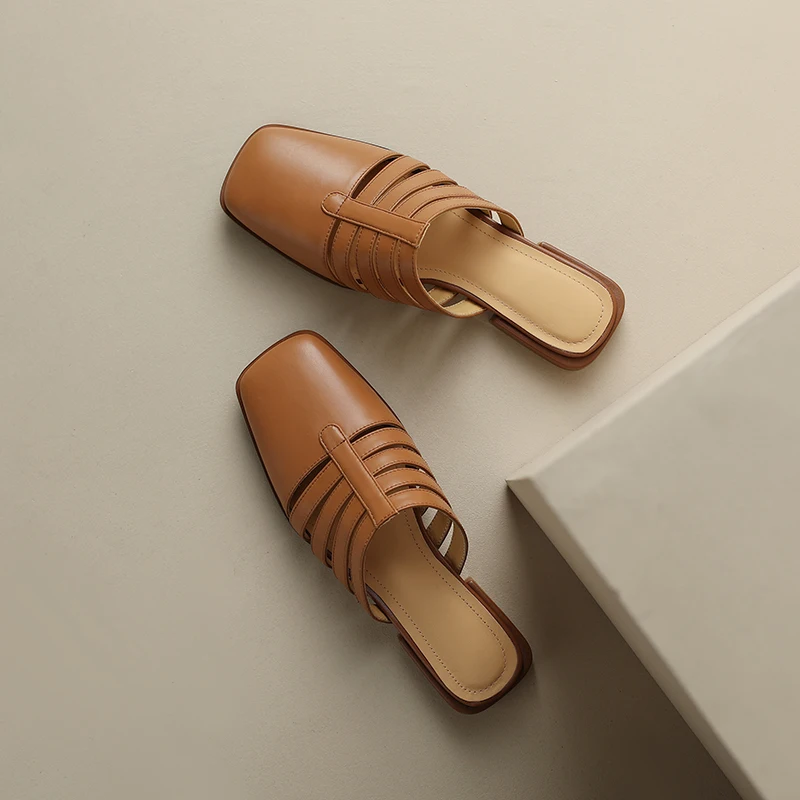 

2023 New Genuine Leather Mules Women Slippers Concise Ladies Summer Shoes Round Toe Square Low Heels Slippers