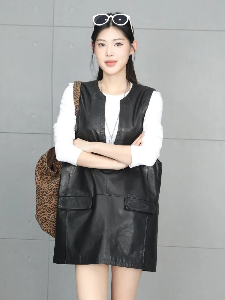 Loose Fit Casual Women Genuine Leather Tank Dress New Streetwear V Neck Fashion Pullover Sleeveless A Line Black Short Dresses