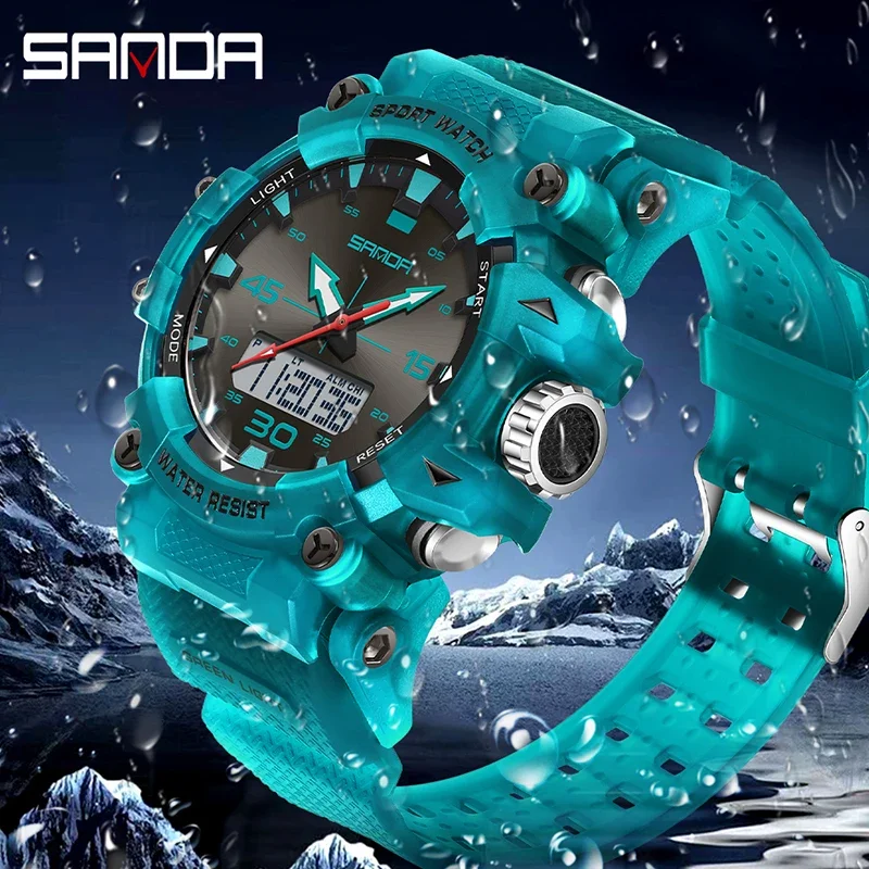 SANDA G نمط الرياضة العسكرية في الهواء الطلق ساعة رجالية متعددة الوظائف مقاوم للماء LED موضة ساعة اليد الإلكترونية للرجال المنبه