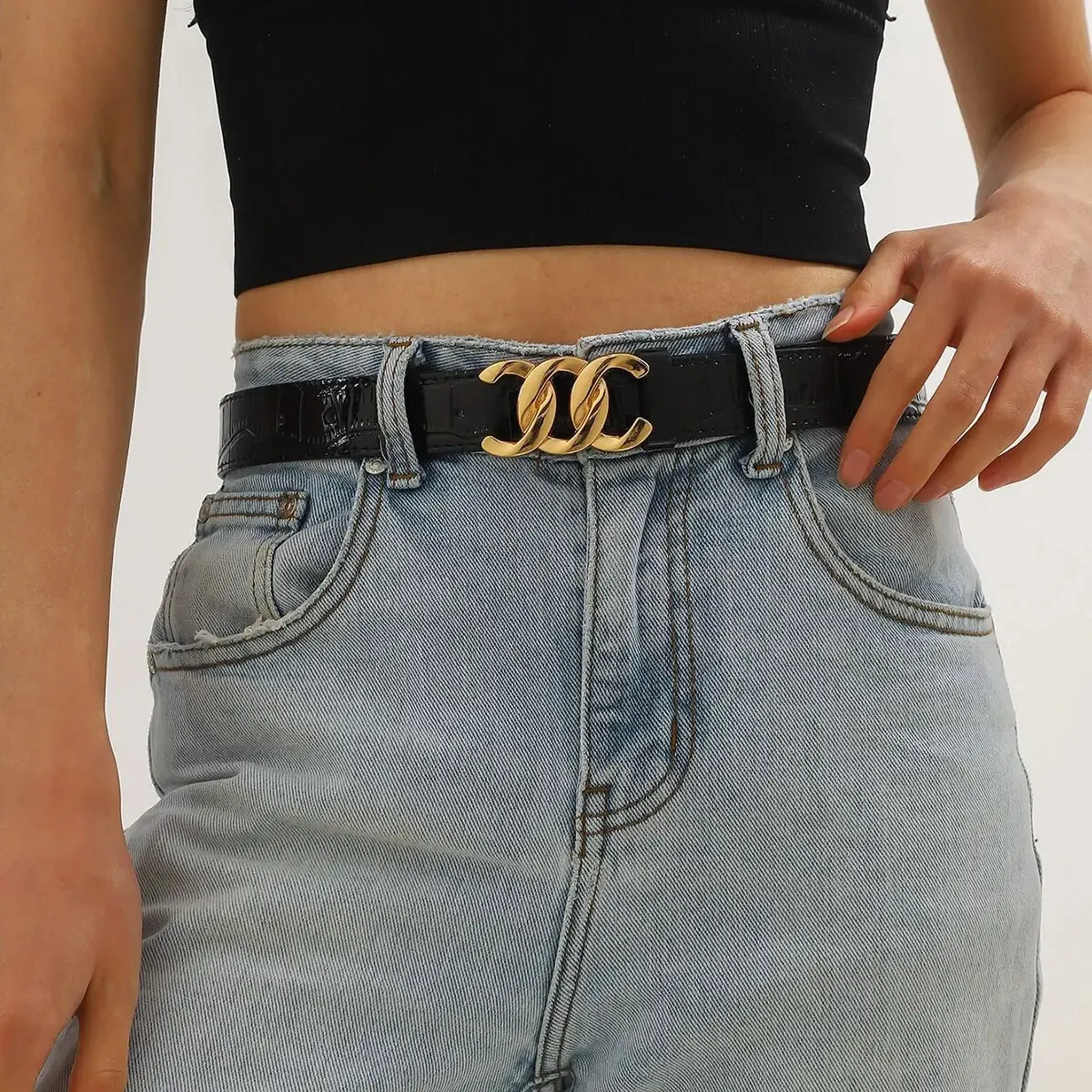 Women Black Leather Strap Casual Triple O-ring Pin Buckle Lychee Pattern Leather Belt For Jeans Designer High Quality Women Belt