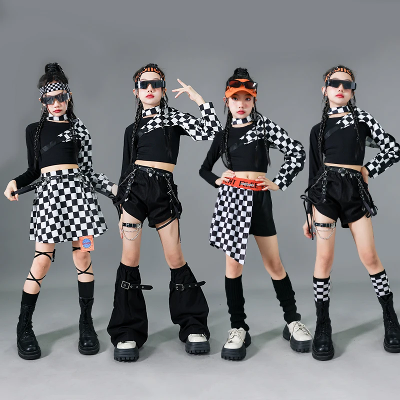 Hip Hop Mädchen Crop Top Plaid Röcke Kind Streetwear Goth Kleidung Sets Street Dance T-shirt Shorts Kinder Jazz Mädchen Gruppe Kostüme – Detail 3