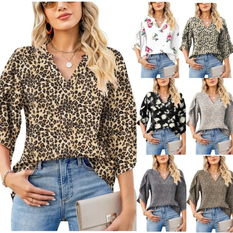 2024 Autumn New Women\'s Shirts V-Neck Printed Leopard Chiffon Shirt Petal Sleeves Top Blusas