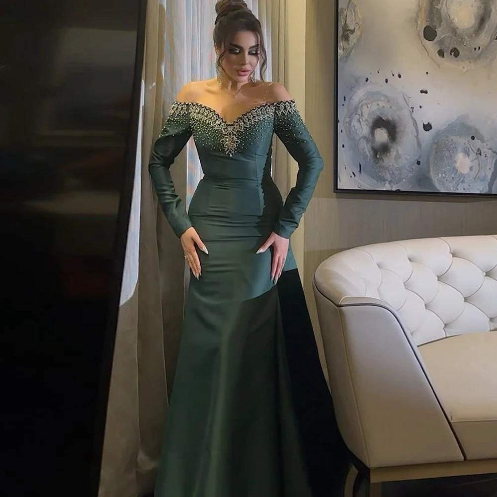 Fashion Mermaid Evening Dress Saudi Arabic Prom Gown V Neck Full Sleeves Crystal Rhinestone Satin Formal Occasion Dresses