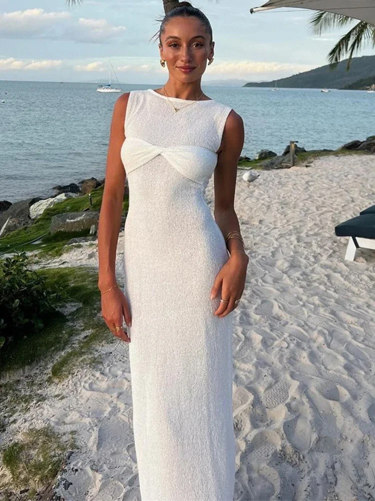 Knitted Round Neck Ruched Women Maxi Dress Sleeveless See Through Dress Female Summer Skinny Elegant Party Beachwear