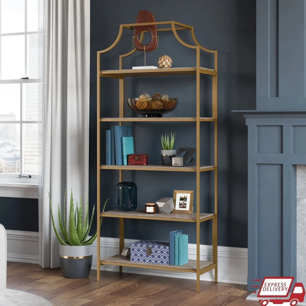 

Metal Frame Bookcase 5-Shelf Open Storage Satin Gold Faux Deco Stone Finish Modern Home Decor Living Room Entryway