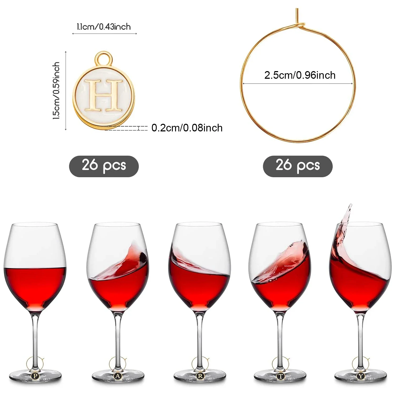 26/52Pcs Wine Glass Charms Wine Glass Markers Wine Glass Charm Rings with Letter Wine Charms for Stem Glass Wedding Party Decor