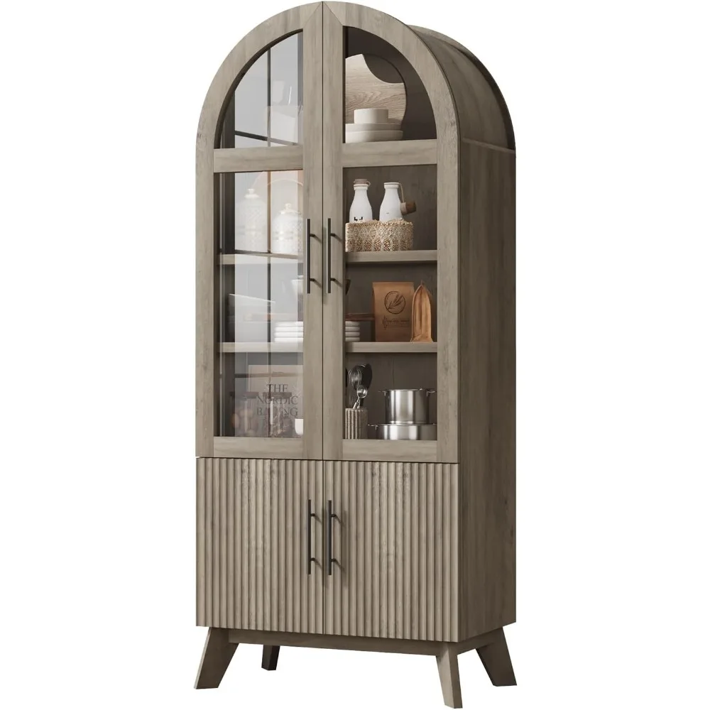 

71" Tall Arched Kitchen Pantry Cabinet, Modern Fluted Storage Cabinets with Glass Door & Adjustable Shelves, Versatile Cupboard