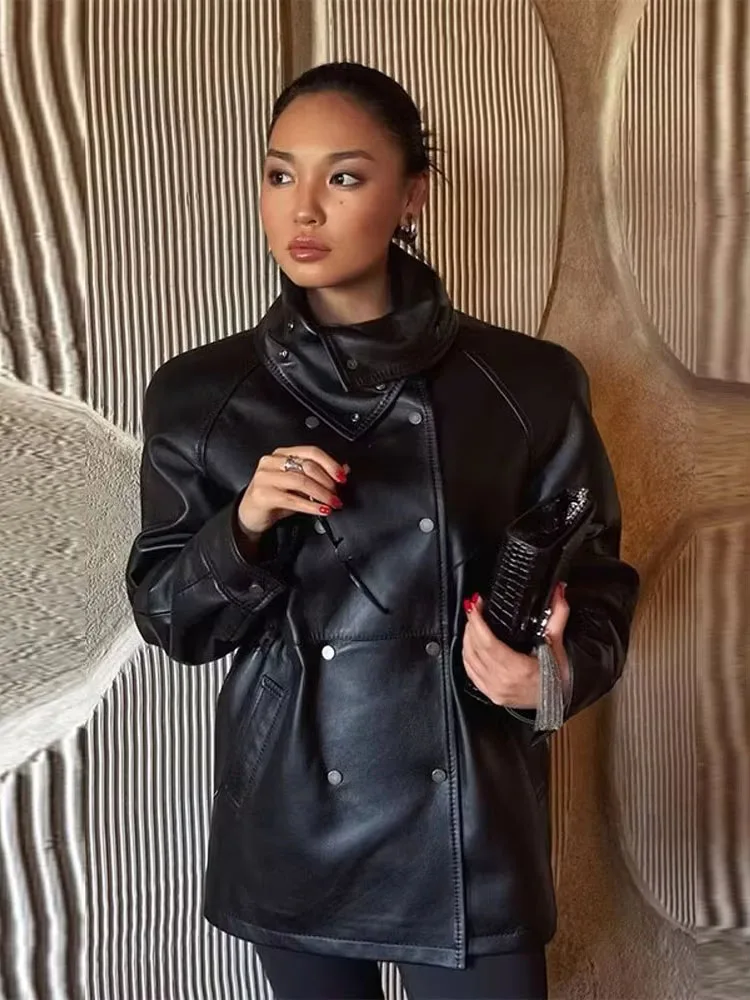HH Neue Mode Frau Zweireiher Stehkragen Mit Langen Ärmeln Tasche Dekoration Leder Jacke Weibliche Slim Fit Freizeit Mantel