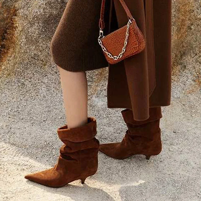 Eilyken Street Style invierno puntiagudos botines finos de tacón bajo mujeres diseñador zapatos con borde vuelto Botas cortas