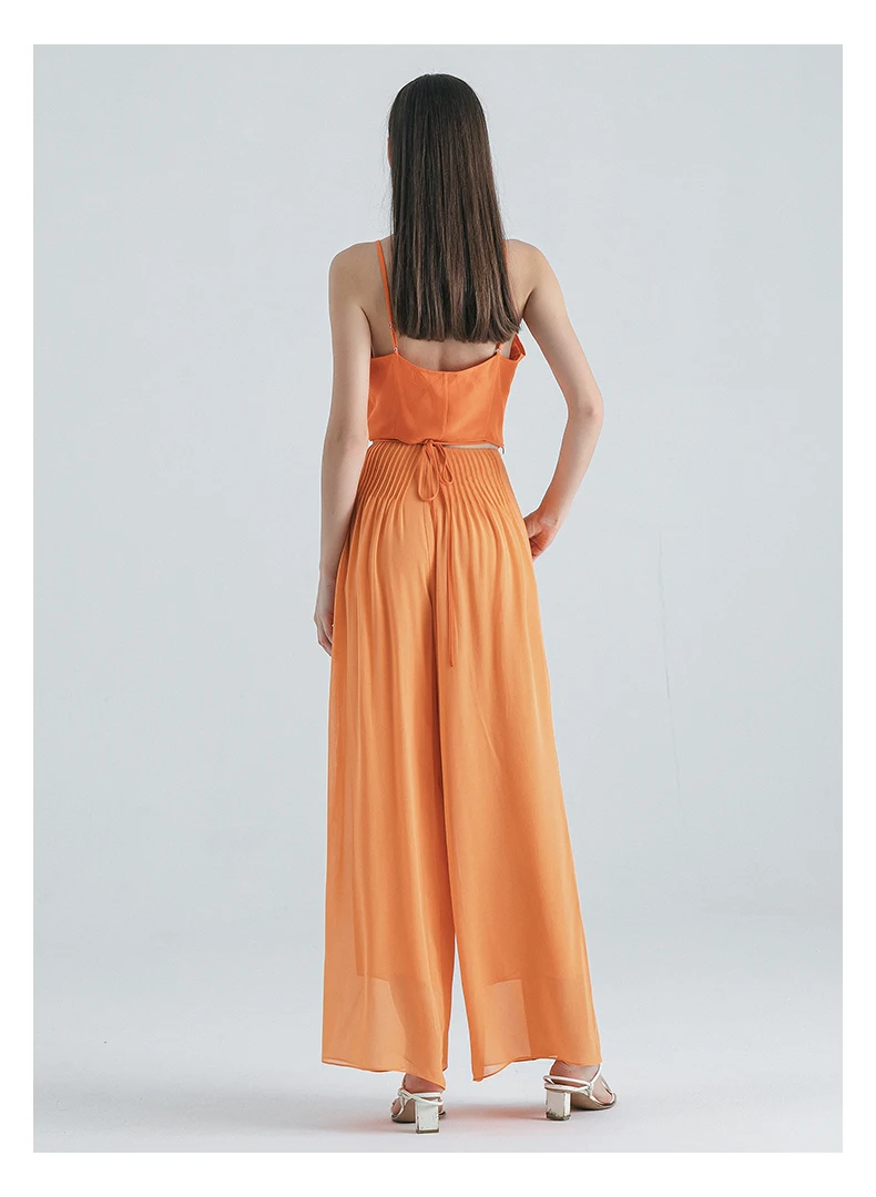 Silk Georgette Orange Natural Waist Pleated Culotte Double Layer Silk Wide Leg Trousers Streetwear Women Trousers New KE857