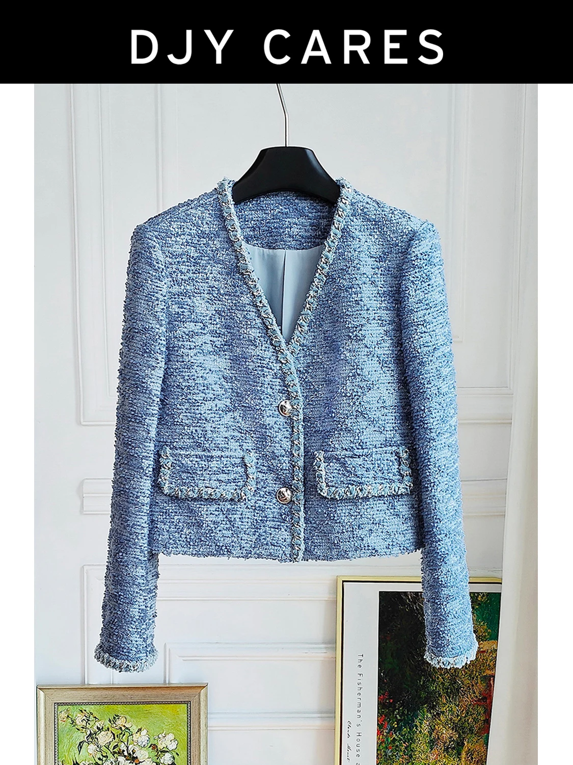 

New Coarse woolen high-end exquisite V-neck jacket, blue versatile top big size