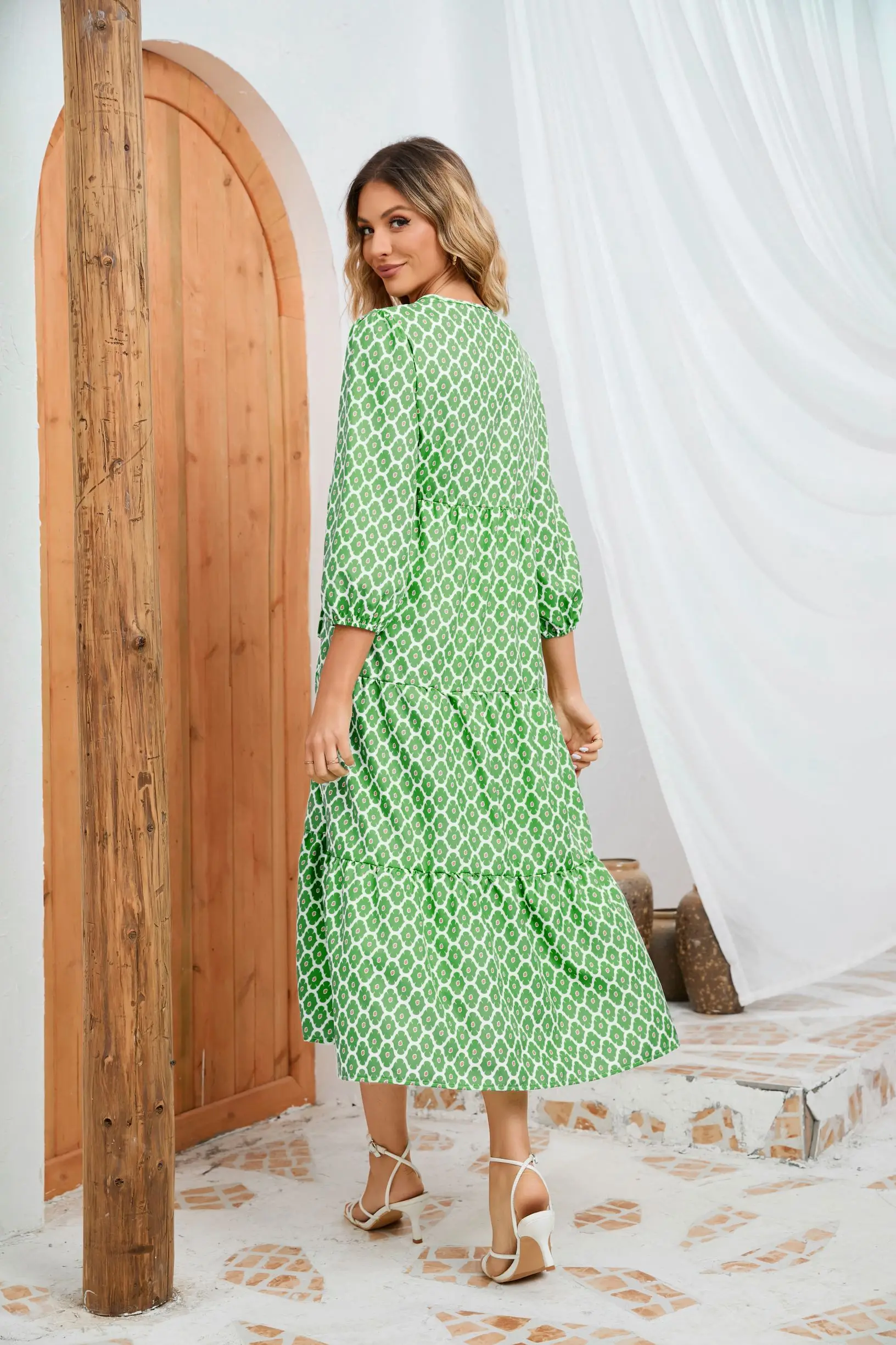 Vestido boho maxi manga folhada feminina, cordão floral casual elegante, decote em v, praia solta de férias, vestido de festa, 2024