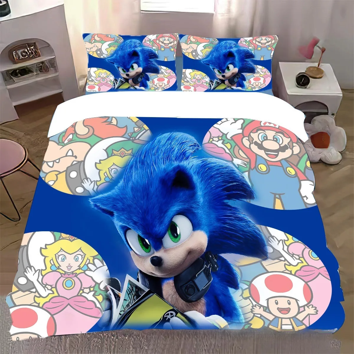 Copripiumino anime Set biancheria da letto Super M-Mario, Copriletto morbido S-Sonics per bambini, Set letto king size singolo doppio completo