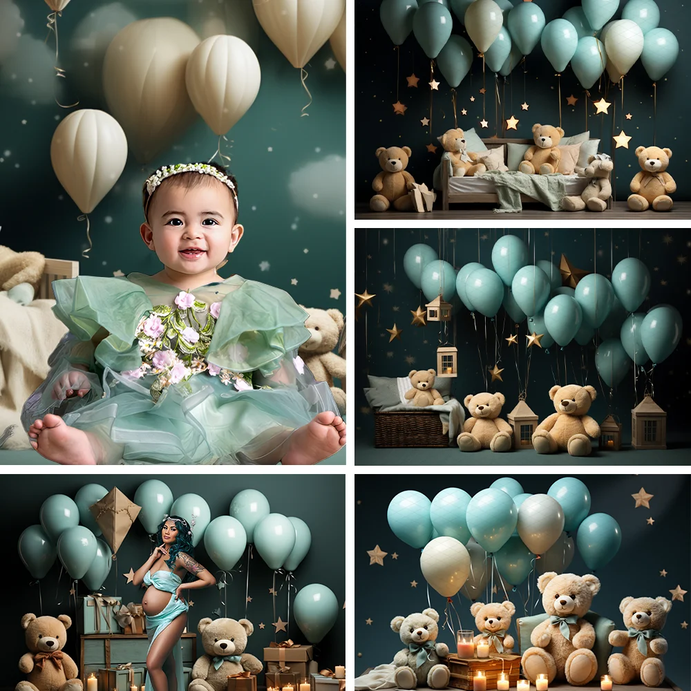 

Photography Backdrop Toy Bears Balloon Clouds Dark Cyan Romantic Nostalgic Baby Shower Birthday Portrait Background Photo Studio